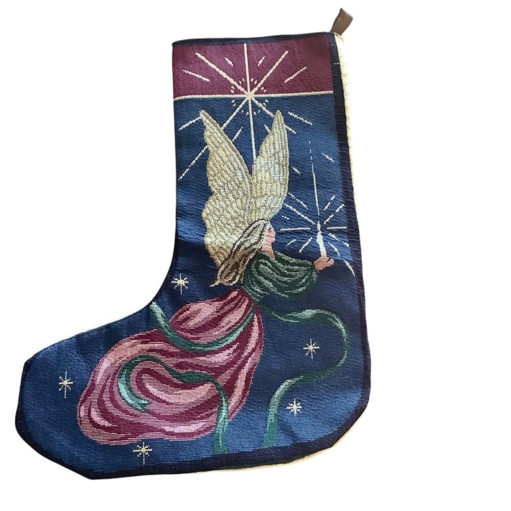 Angel Tapestry Christmas Stocking 19” Hanging Embroidered Christmas Decor‎